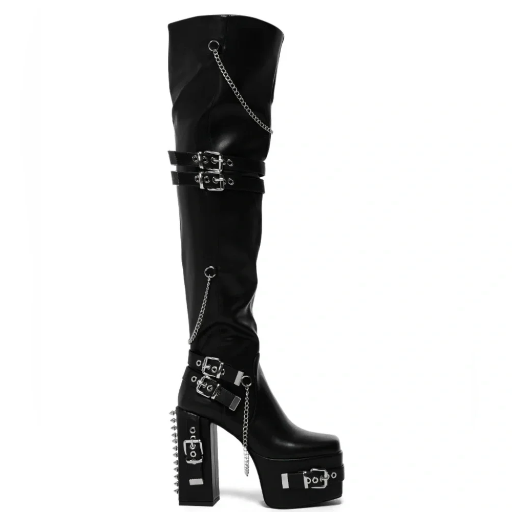 AZALEA WANG Black Leather Over the Knee Block Heel Boots